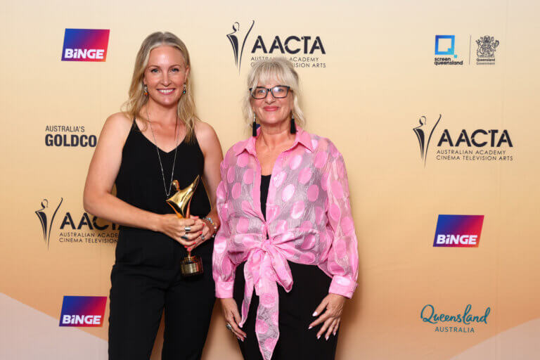 Alison Telford and Kate Leonard posing with their AACTA awards at the ceremony.